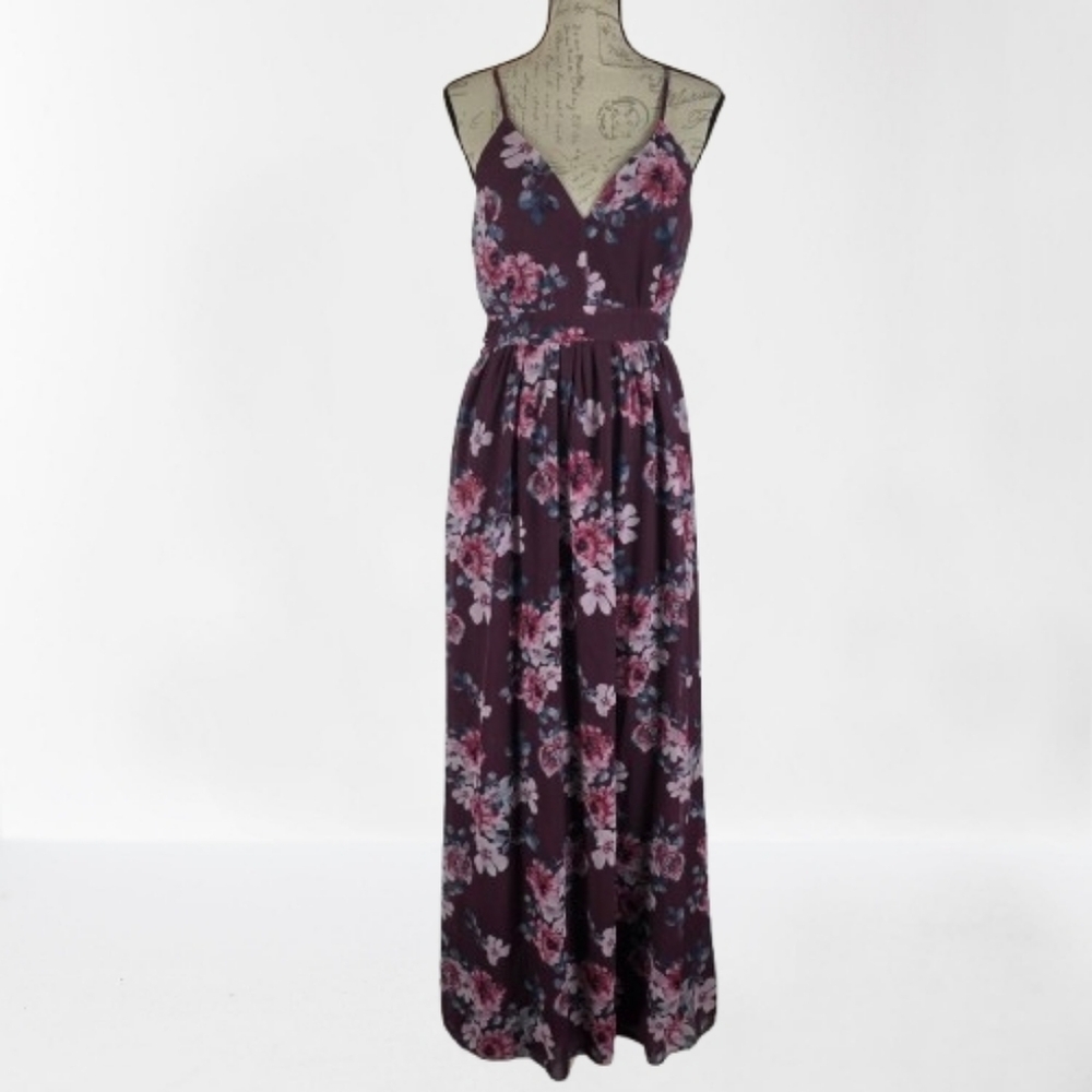 Dainty Hooligan Kiss Me More Lace Back Floral Maxi Dress Plum Floral Wmn's Lg